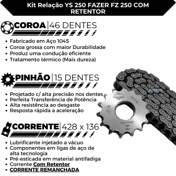 KIT YS 250 FAZER (18-24) / FZ 250 (18-21) 46Z X 15Z C/ CORRENTE O'RING 428HO X 136L - TOP (1045) - Image 3