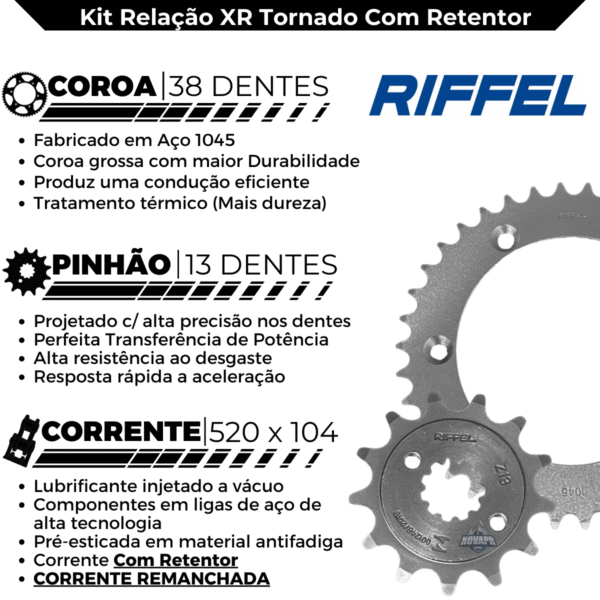 KIT XR 250 TORNADO (01-08) 38Z X 13Z C/ CORRENTE REMANCHADA O'RING 520HO X 104L - TOP (1045) - Image 6