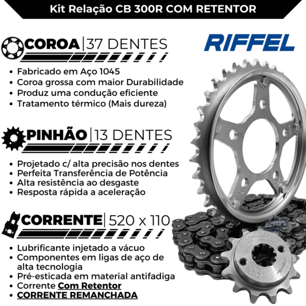 KIT CB 300R (09-15) 37Z X 13Z C/ CORRENTE REMANCHADA O'RING 520HO X 110L C/ ANEL - TOP (1045) - Image 2