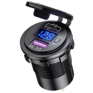 TOMADA VEICULAR 1 USB/ 1USB C - C/ VOLTIMETRO - AZUL 5V 3.0