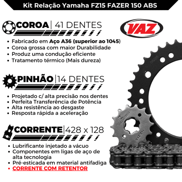 KIT DE RELACAO TRANSMISSAO COMPLETO XTREME Y04611X FZ15 ABS 2023 Em Diante - Image 3