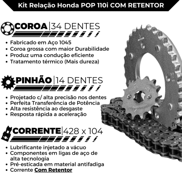 KIT TRANSMISSAO DAROM  COM RETENTOR POP 110 I 15/ - Imagem 3