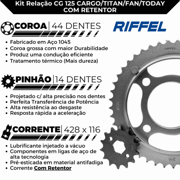 KIT CG 125 [CARGO/TITAN/FAN/TODAY] (00-08) 44Z X 14Z  C/ CORRENTE O-RING 428HO X 116L C/ ANEL - TOP (1045) - Image 3
