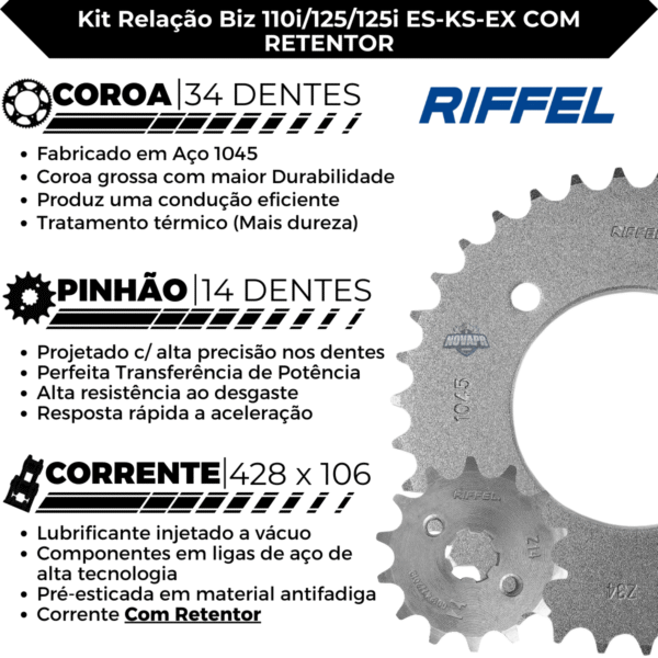 KIT BIZ 125 (05-24) / BIZ 110I (16-24) 34Z X 14Z C/ CORRENTE O-RING 428HO X 106L - TOP (1045) - Imagem 3
