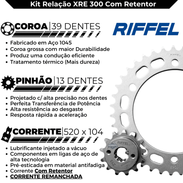KIT XRE 300 (10-23) 39Z X 13Z C/ CORRENTE REMANCHADA O'RING 520HO X 104L - TOP (1045) - Imagem 3