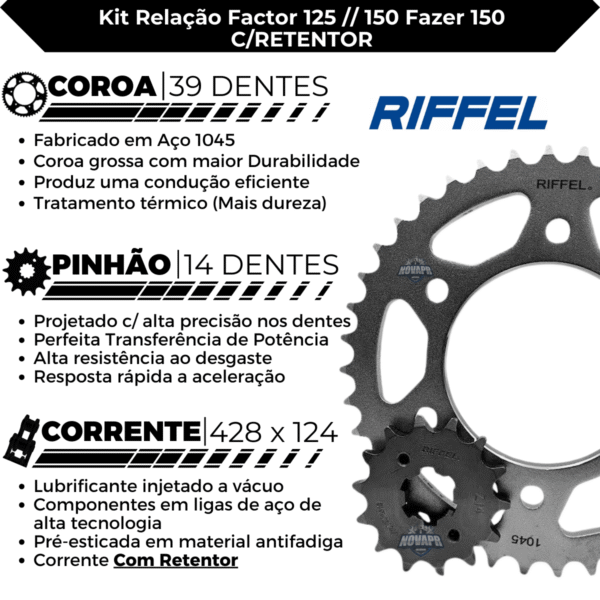 KIT FACTOR 150 (16-24)  / YBR 125I FACTOR (17-24) / FAZER 150 (14-24) 39Z X 14Z C/ CORRENTE O'RING 428HO X 124L - TO - Imagem 3